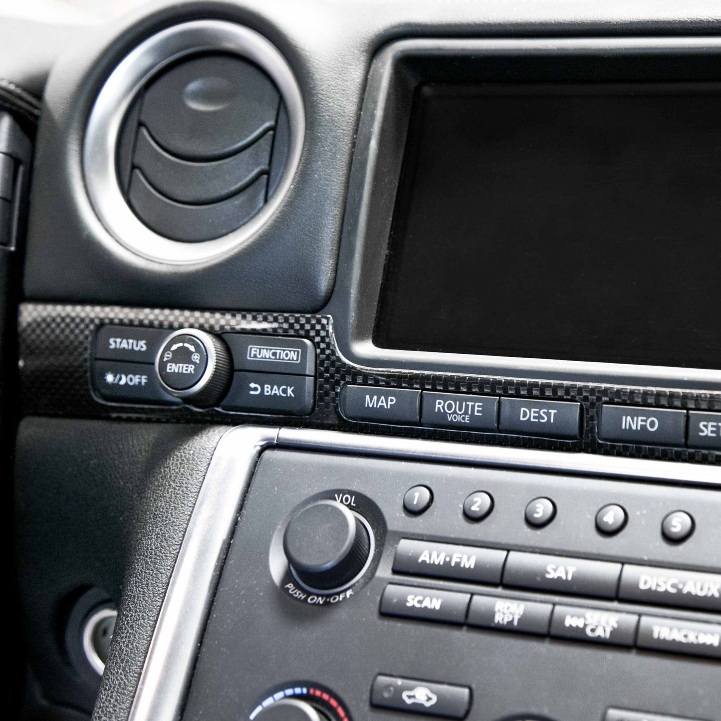 Carbon Fiber Interior Trim Set For 2009-2016 Nissan GT-R - 6 Pcs *Set Includes: Mirror Control Panel Cover (1), Navigator Cover (1), Air Vents Cover (4)
