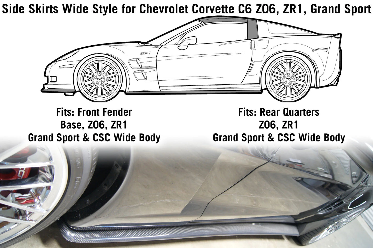 Side Skirts Wide Style for Chevrolet Corvette C6 Z06, ZR1, Grand Sport